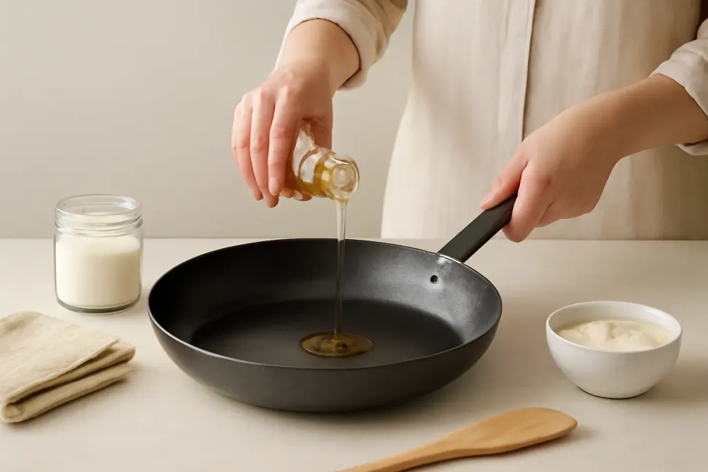 A second photo showing a related step or detail for how to season a carbon steel pan