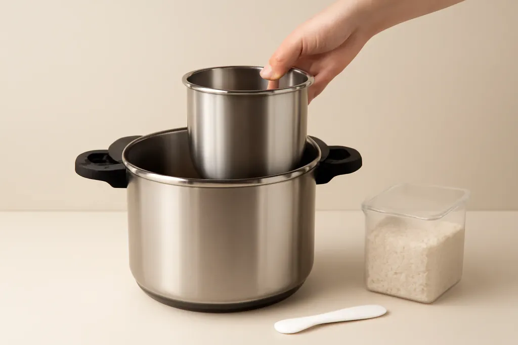 A second photo showing a related step or detail for pot-in-pot pressure cooking equipment